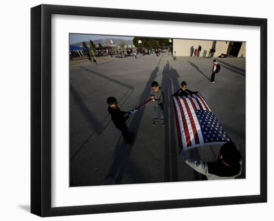 School Children Prepare to Raise the US and Texas Flags in Front of the Elementary School-null-Framed Photographic Print