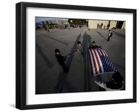 School Children Prepare to Raise the US and Texas Flags in Front of the Elementary School-null-Framed Photographic Print