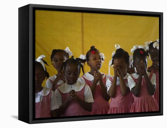 School Girls Pray before Class at the Sacred Heart of Turgeau School in Port-Au-Prince-null-Framed Stretched Canvas