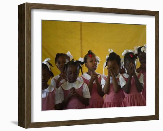 School Girls Pray before Class at the Sacred Heart of Turgeau School in Port-Au-Prince-null-Framed Photographic Print