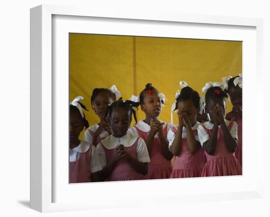 School Girls Pray before Class at the Sacred Heart of Turgeau School in Port-Au-Prince-null-Framed Photographic Print