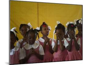 School Girls Pray before Class at the Sacred Heart of Turgeau School in Port-Au-Prince-null-Mounted Photographic Print