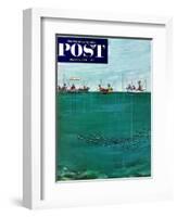 "School of Fish Among Lines" Saturday Evening Post Cover, August 7, 1954-Thornton Utz-Framed Giclee Print