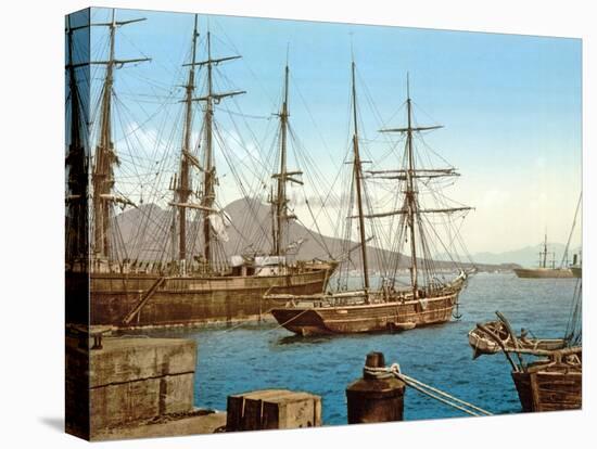 Schooners in Bay of Naples with Vesuvius in Background, Pub. C.1900-null-Stretched Canvas