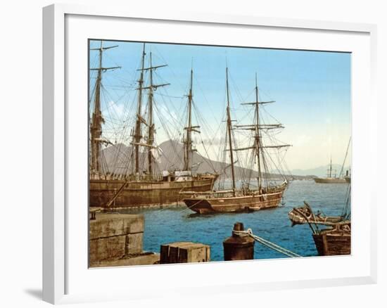 Schooners in Bay of Naples with Vesuvius in Background, Pub. C.1900-null-Framed Giclee Print