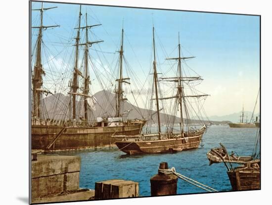 Schooners in Bay of Naples with Vesuvius in Background, Pub. C.1900-null-Mounted Giclee Print