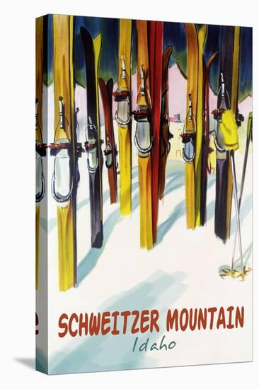 Schweitzer Mountain, Idaho - Colorful Skis-Lantern Press-Stretched Canvas