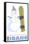 Schweitzer Mountain, Idaho, Snowman with Snowboard-Lantern Press-Framed Stretched Canvas