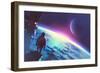 Sci-Fi Concept of the Man Looking at a Surface of the Earth from a Space,Illustration Painting-Tithi Luadthong-Framed Art Print