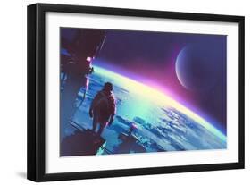 Sci-Fi Concept of the Man Looking at a Surface of the Earth from a Space,Illustration Painting-Tithi Luadthong-Framed Art Print