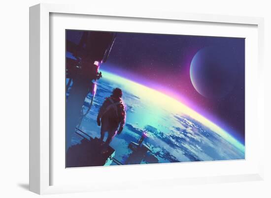 Sci-Fi Concept of the Man Looking at a Surface of the Earth from a Space,Illustration Painting-Tithi Luadthong-Framed Art Print