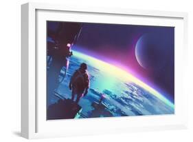 Sci-Fi Concept of the Man Looking at a Surface of the Earth from a Space,Illustration Painting-Tithi Luadthong-Framed Art Print