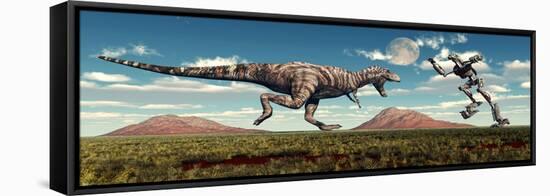 Science Fiction Scene of a Tyrannosaurus Rex Battling a Giant Robot-null-Framed Stretched Canvas