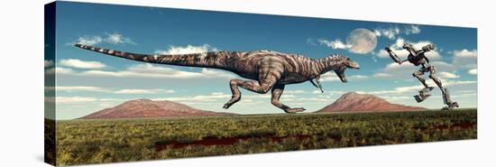 Science Fiction Scene of a Tyrannosaurus Rex Battling a Giant Robot-null-Stretched Canvas