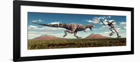 Science Fiction Scene of a Tyrannosaurus Rex Battling a Giant Robot-null-Framed Art Print