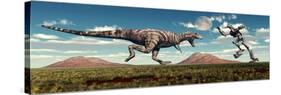 Science Fiction Scene of a Tyrannosaurus Rex Battling a Giant Robot-null-Stretched Canvas
