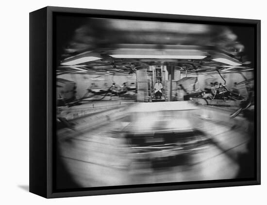 Scientist Jiro Oyama Observing Whirling Cages of Centrifuge Containing Animals-Ralph Crane-Framed Stretched Canvas