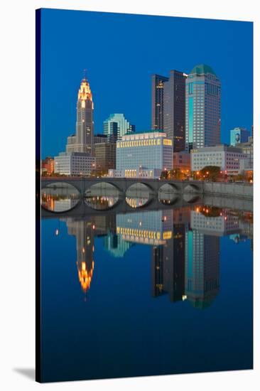 Scioto River and Columbus Ohio skyline at dusk-null-Stretched Canvas