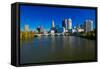 Scioto River and Columbus Ohio skyline in autumn, with setting sunlight-null-Framed Stretched Canvas