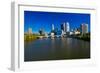 Scioto River and Columbus Ohio skyline in autumn, with setting sunlight-null-Framed Photographic Print