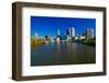 Scioto River and Columbus Ohio skyline in autumn, with setting sunlight-null-Framed Photographic Print