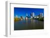 Scioto River and Columbus Ohio skyline in autumn, with setting sunlight-null-Framed Photographic Print