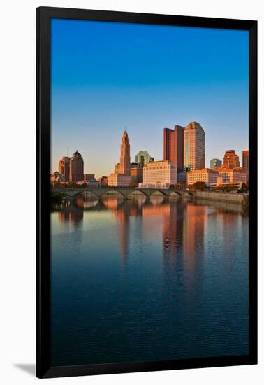 Scioto River and Columbus Ohio skyline in autumn with sunset reflection in water-null-Framed Photographic Print