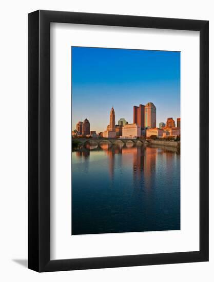 Scioto River and Columbus Ohio skyline in autumn with sunset reflection in water-null-Framed Photographic Print