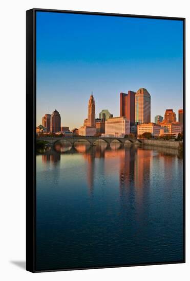 Scioto River and Columbus Ohio skyline in autumn with sunset reflection in water-null-Framed Stretched Canvas