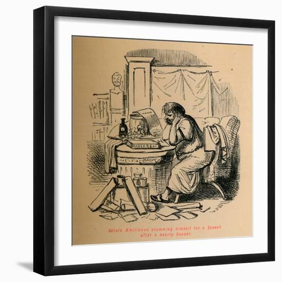 'Scipio Aemilianus cramming himself for a Speech after a hearty Supper', 1852-John Leech-Framed Giclee Print