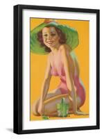 Scooping the Beach, Woman in Green Hat-null-Framed Art Print