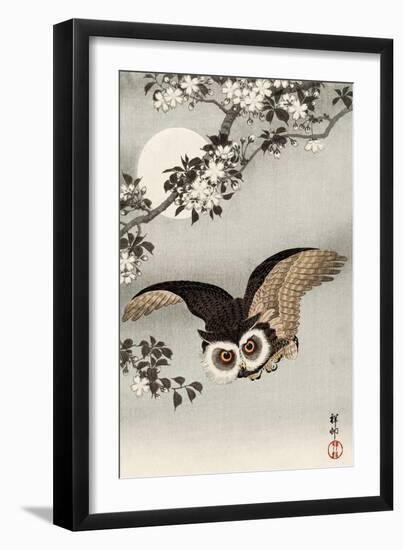 Scops Owl Flying under Cherry Blossoms-Koson Ohara-Framed Giclee Print