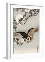 Scops Owl Flying under Cherry Blossoms-Koson Ohara-Framed Giclee Print