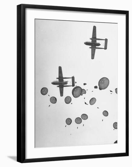 Scores of Paratroopers Dropping from C-82 "Flying Boxcar" and Landing on Level Ground-Frank Scherschel-Framed Photographic Print