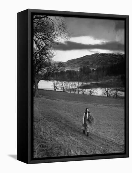 Scottish Farm Girl Walking Along a Trail Where Wordsworth Wrote Some of His Poetry-Nat Farbman-Framed Stretched Canvas