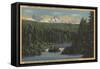 Scotts Lake, Oregon - View of Three Sisters Mountains-Lantern Press-Framed Stretched Canvas