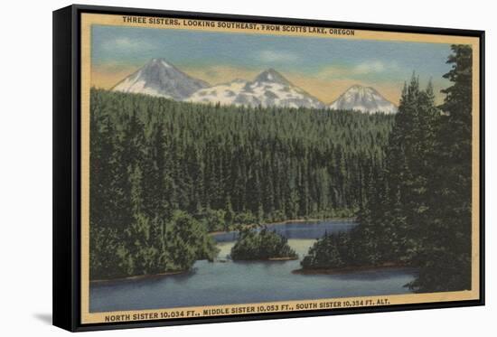 Scotts Lake, Oregon - View of Three Sisters Mountains-Lantern Press-Framed Stretched Canvas