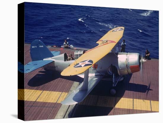 Scout Plane Preparing for Carrier Launch During Us Navy Manuevers Off the Hawaiian Islands-Carl Mydans-Stretched Canvas