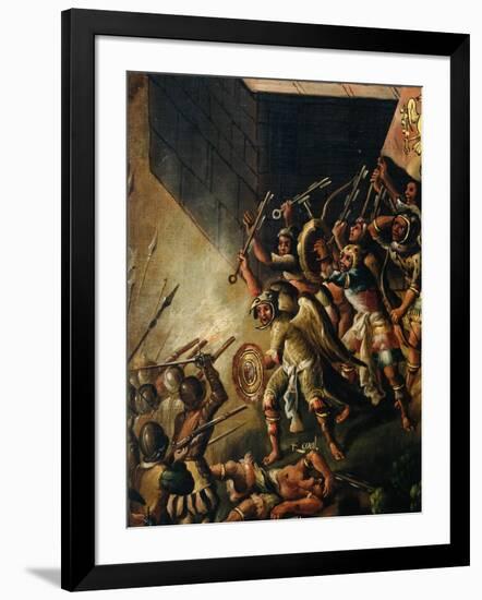 Screen with Scenes of the Spanish Conquest: Battle Among Aztec and Spanish Soldiers, Detail-null-Framed Giclee Print