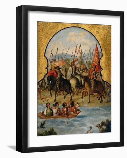 Screen with Scenes of the Spanish Conquest: The Spanish Soldiers at Tenochtitlan 1520-null-Framed Giclee Print