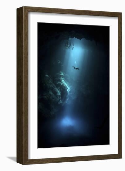 Scuba Diver Descends into the Pit Cenote in Mexico-null-Framed Photographic Print