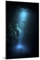 Scuba Diver Descends into the Pit Cenote in Mexico-null-Mounted Photographic Print