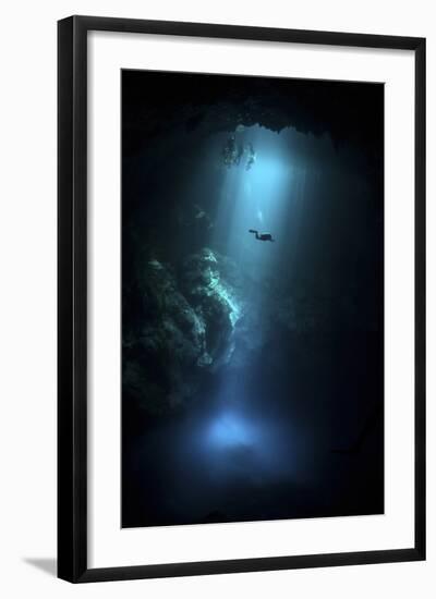 Scuba Diver Descends into the Pit Cenote in Mexico-null-Framed Photographic Print