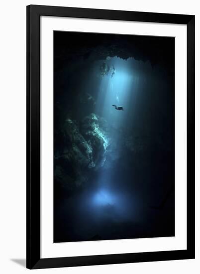 Scuba Diver Descends into the Pit Cenote in Mexico-null-Framed Photographic Print