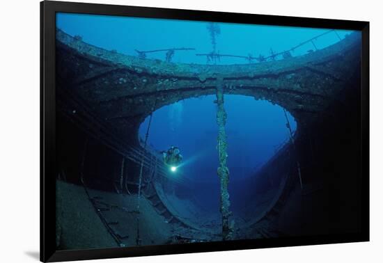 Scuba Diver Exploring a Shipwreck, Papua New Guinea, Coral Sea.-Reinhard Dirscherl-Framed Photographic Print