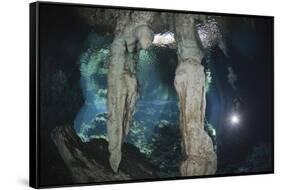 Scuba Diver in Gran Cenote, Tulum, Yucatan Peninsula, Mexico. Model Release-Reinhard Dirscherl-Framed Stretched Canvas