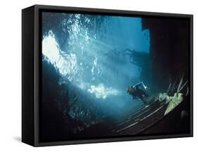 Scuba Diver Near Wreck-Peter Scoones-Framed Stretched Canvas