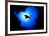 Scuba Diver Swims over Underwater Cave, Silhouette against Sun-Rich Carey-Framed Photographic Print