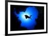 Scuba Diver Swims over Underwater Cave, Silhouette against Sun-Rich Carey-Framed Photographic Print