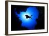 Scuba Diver Swims over Underwater Cave, Silhouette against Sun-Rich Carey-Framed Photographic Print